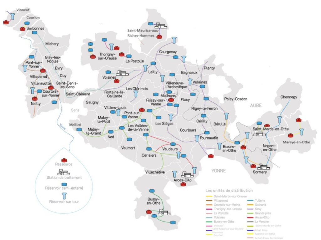 Carte des ressources, réservoirs et stations de traitement de Viv'eau